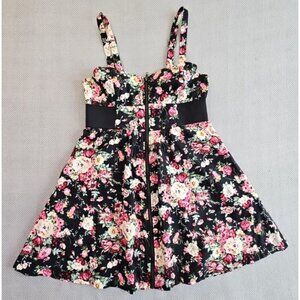 Chesley Sun Dress Women's Large Floral Straps Pink Black Full Zip Elastic EUC LN